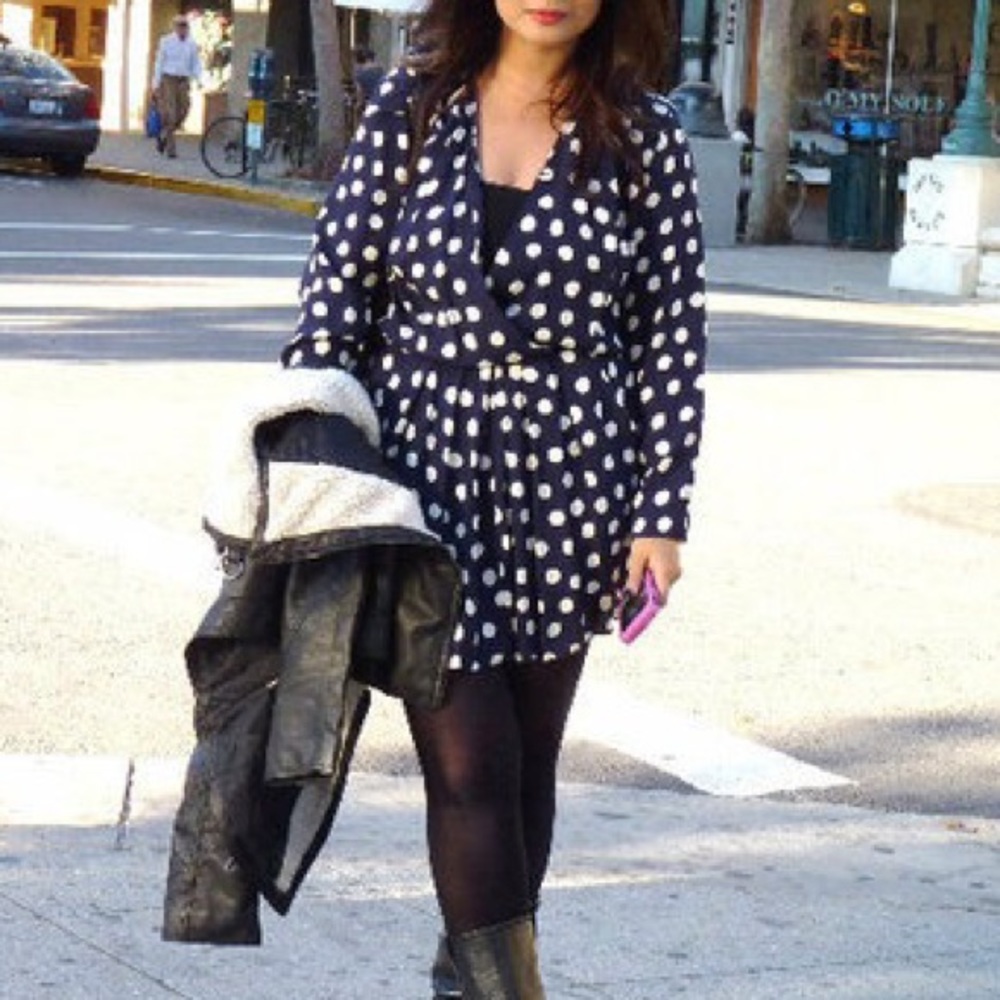 VINTAGE Navy & White Polka Dot Dress w/ Pockets!